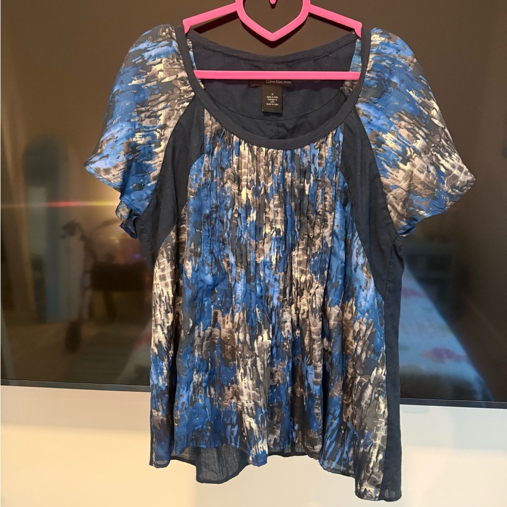 Calvin Klein Jeans Abstract Blue and Gray Silk Blouse